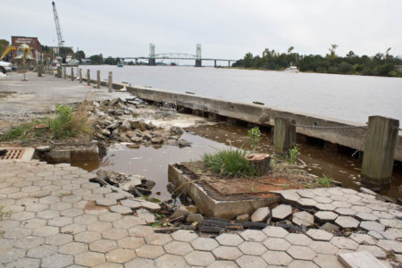 A bulkhead on Wilmington's Riverwalk failed as a result of Tropical Storm Hermine in September 2016. (Port City Daily photo/ Hannah Leyva)