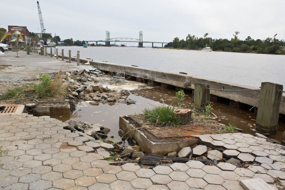 A bulkhead on Wilmington's Riverwalk failed as a result of Tropical Storm Hermine in September. Photo by Hannah Leyva.