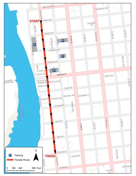 Wilmington's annual Holiday Parade route runs down Front Street. (Photo courtesy of the city.)