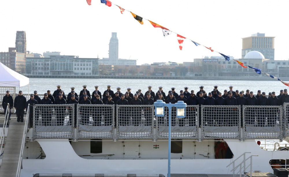 The crew of the Coast Guard cutter Diligence poses on the ship's flight deck for a group photo in Philadelphia, Saturday Dec. 10, 2016. Photos by Petty Officer 1st Class Seth Johnson.