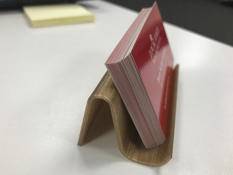 A 3-D printed cardholder made in Dula's office. (Photo Benjamin Schachtman)