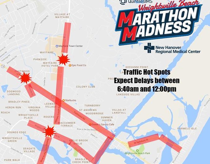 A map of potential traffic hot spots for this weekend's marathon. Photo courtesy- Quintiles Wrightsville Beach Marathon. 