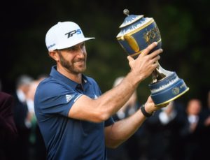 Dustin Johnson hoists the trophy after winning the WGC-Mexico Championship earlier this year. Photo courtesy- Twitter @DJohnsonPGA