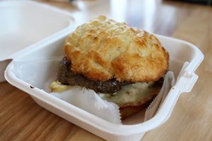 Homemade sausage, egg, and provolone cheese, served on a made-from-scratch biscuit. (Port City Daily photo/CORY MANNION)