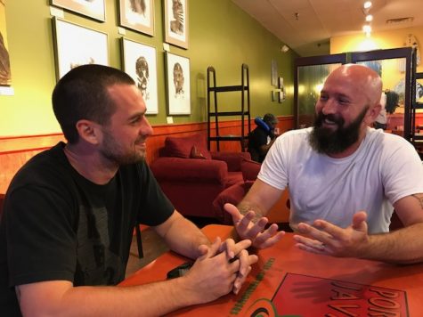 Though devastated by the loss of their friend, Mike Dickey (left) and Jason Mitchell (left) could not help but smile when telling stories and remembering the larger-than-life personality of Steve Barton. (Port City Daily photo / BENJAMIN SCHACHTMAN)