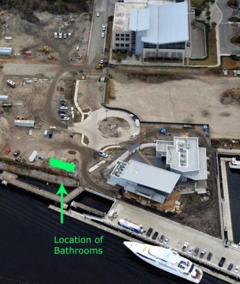 Arial view of the Northern Riverfront Marina and Hotel site, with the required location of the temporary public bathrooms.