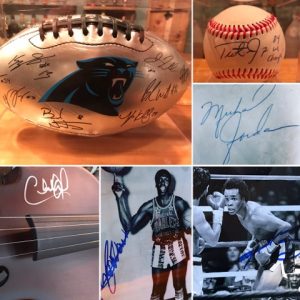 Some of Tatum's autographed memorabilia. From top right clockwise. Wilmington natives Trot Nixon, Michael Jordan, Sugar Ray Leonard, Meadowlark Lemon, Charlie Daniels and some of the Carolina Panthers.