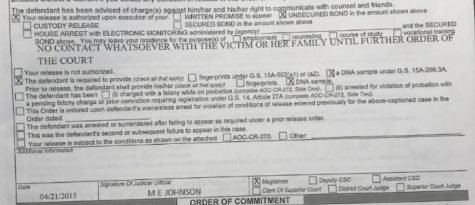 The conditions of release for Sarah Johnson's assailant, explicitly forbidding contact with the Johnson family. (Port City Daily photo / BENJAMIN SCHACHTMAN) 