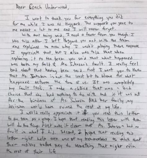A letter from Sarah Johnson's assailant to Hoggard Coach Craig Underwood. (Port City Daily photo / BENJAMIN SCHACHTMAN)