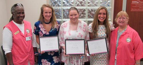 Dosher Volunteers Scholarship Committee Chair Verda Darrell poses with scholarship recipients Rylee Ashburn, Hannah M. Combs and Eliza J. Fish, and Volunteers Vice-president Jeri Robinson (Photo courtesy Dosher Memorial Hospital).