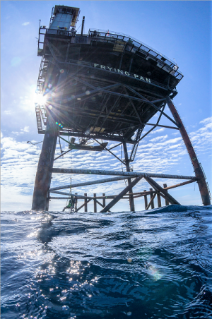 Although technically not a lighthouse, the historic Frying Pan Tower sits 34 miles off the coast of Bald Head Island, at the tip of the Frying Pan Shoals. The former Coast Guard station is now a Bed and Breakfast. (Port City Daily photo/COURTESY SAM BLOUNT)