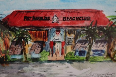 Fat Harold's - and its signature red roof - changed the Ludwicks' life forever; and, it seems, red became Calabash Flash's favorite color. (Port City Daily photo / PAINTING BY BARBARA LUDWICK)