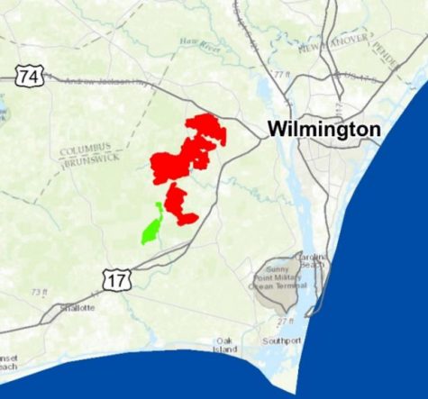 The land tract - in red - is around 15,000 acres; that's larger than Leland, more than half the size of Wilmington. (Port City Daily photo / COURTESY MOLPUS)