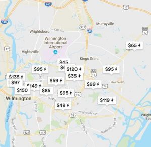 A map listing several of the short-term rentals in Wilmington (Photo Courtesy of Airbnb)