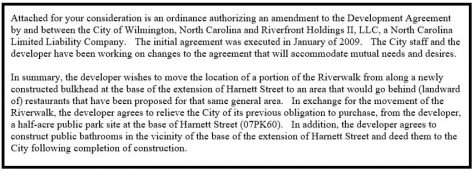 In 2013, Northern Riverfront Marina and Hotel renegotiated its original 2009 development agreement with the city. In exchange for selling the city land to build a public park, NRMH took ownership of the Riverwalk along its restaurant properties. (Port City Daily photo / CITY OF WILMINGTON)