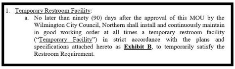 The agreement between the city and Northern Riverfront Marina and Hotel required specific temporary bathrooms to be built no more than 90 days from April 18, 2017, when the agreement was approved by city council. (Port City Daily photo / CITY OF WILMINGTON)
