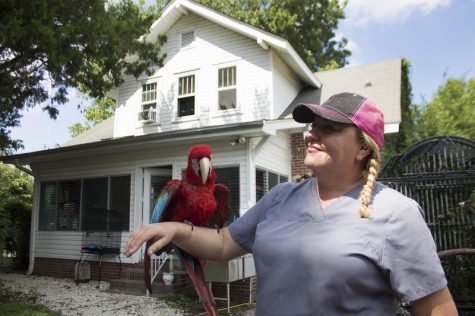 Amelia Mason and her parrot, Barbados, stand behind her 1920s Craftsman style home which doubles as the location of her non-profit organization, SkyWatch Bird Rescue. (Port City Daily photo / JOHANNA FEREBEE)