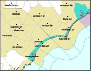 The National Weather Service in Wilmington has issued a high rip current risk through Tuesday evening for all area beaches as Hurricane Gert passes approximately 250 miles offshore in the Atlantic. The rip current risk is indicated in blue. (Port City Daily photo/COURTESY NWS)