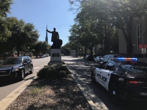 The statue to Confederate Senator and Attorney General George Davis located near 3rd and Market Streets, was also defaced this week. (Port City Daily photo / BEN SCHACHTMAN)
