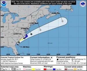 Areas of Pender County from Surf City north are now under a Tropical Storm Warning. (Port City Daily photo/COURTESY NHC)