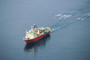 One of the most contentious issues within the subject, is that of seismic testing. This sonar based mapping system shoots high powered air blasts at the sea floor, then reads the echoed sound waves to locate oil and natural gas deposits. While the NCBPE believes there's no harm to marine life, studies have linked these powerful blasts to marine mammal strandings in the past. Pictured: A seismic survey ship tows an "airgun array." (Port City Daily photo/COURTESY PHOTO)