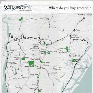 A map detailing where participants in the downtown development meeting purchase groceries (Port City Daily photo/COURTESY CITY OF WILMINGTON)