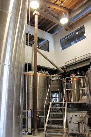 Head brewer Erik Peterson shows off the scale of the tanks used in the Edward Teach operation. (Port City Daily photo/CORY MANNION)
