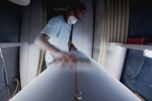 Balding builds his boards using a number of different species of wood that will give the right strength to weight ratio. (Port City Daily photo/ COLLEEN THOMPSON)