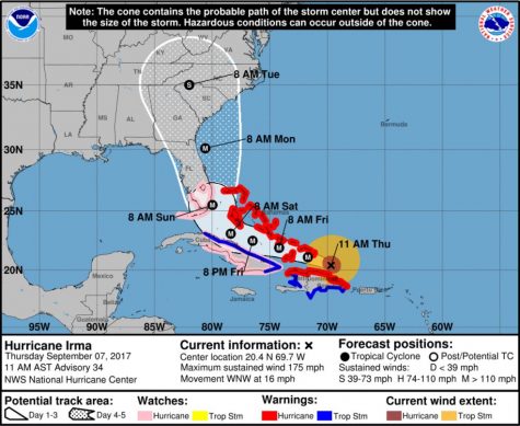 Prediction map from the National Weather Service, updated 11 a.m., shows Hurricane Irma moving across Florida, followed by mainland Georgia, South Carolina and as far west as central Tennessee. Western and central North Carolina are also in the predicted path, with Wilmington at the eastern edge. (Port City Daily photo / COURTESY NWS)