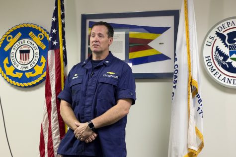 Coast Guard Capt. Bion Stewart discusses the division's recent actions regarding tropical storms this season. (Port City Daily photo / JOHANNA FEREBEE)
