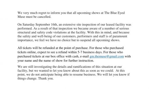 A release from the Blue Eyed Muse concerning the closure and refunds. (Port City Daily / COURTESY THE BLUE EYED MUSE)