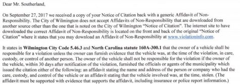 A letter from the City of Wilmington, rejecting Damon Southerland's affidavit. (Port City Daily photo / COURTESY DAMON SOUTHERLAND)