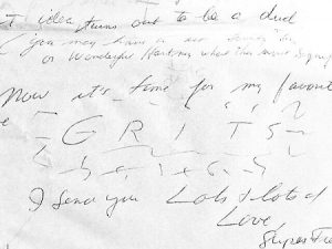 Yeager's Highlights ring is based on letters sent home to family by her grandfather. It is a motif he would use while highlighting a certain word in a letter, usually squiggling around the word GRITS, since he loved grits.