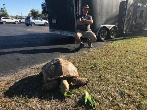 Randy Gallagher and 'Herman,' an 18-year-old African spurred tortoise. (Port City Daily photo / BENJAMIN SCHACHTMAN)