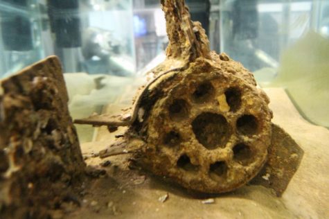 Tail section of a rocket, recovered years later. The Museum keeps it submerged in water to preserve it. (Port City Daily photo / BENJAMIN SCHACHTMAN)