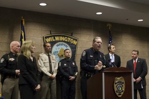 Wilmington Police Chief Ralph Evangelous addresses Operation Tourniquet, an undercover, united task force enterprise which indicted six Wilmington gang members on narcotics and firearm charges. (Port City Daily / photo&nbsp;JOHANNA FEREBEE)