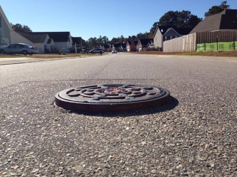 Manhole covers throughout the subdivision are above street level (Port City Daily photo/MICHAEL PRAATS)