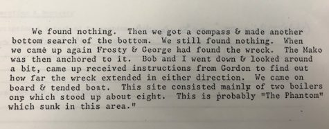 July 29, 1975: dive notes from Tracy McKinnion, a student in the Underwater Archaeological Field School. (Port City Daily photo / COURTESY DAVID STALLMAN)