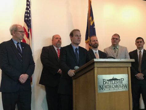 Left to right: Judge Julius H. Corpening, II, AOC Director Marion Warren, DA Ben David (speaking), DA Jon David. (Port City Daily photo / BENJAMIN SCHACHTMAN)
