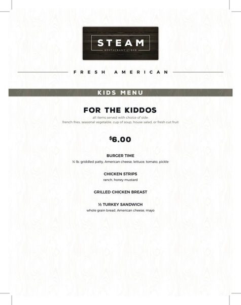 Steam's children's menu. (Port City Daily photo / COURTESY STEAM)