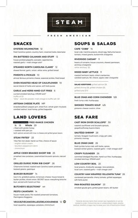 Snacks, soups and salads, sea food and "land lovers" options. (Port City Daily photo / COURTESY STEAM)