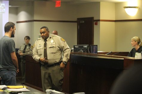 Far left: Christopher Anthony Simpson. Far right: District Judge Lindsey McKee Luther. (Port City Daily photo | BENJAMIN SCHACHTMAN)