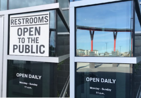 Left: Initially BlackFinn advertised their public bathrooms. Right: More recently, the sign has vanished. 