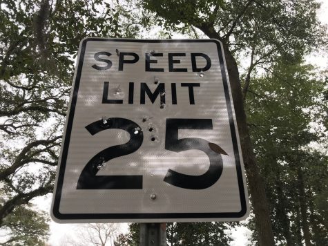 The speed limit sign on Airlie Road was apparently shot 11 times. Wilmington Police believe the shooting is related to another shooting in the area. (Port City Daily photo | BENJAMIN SCHACHTMAN)