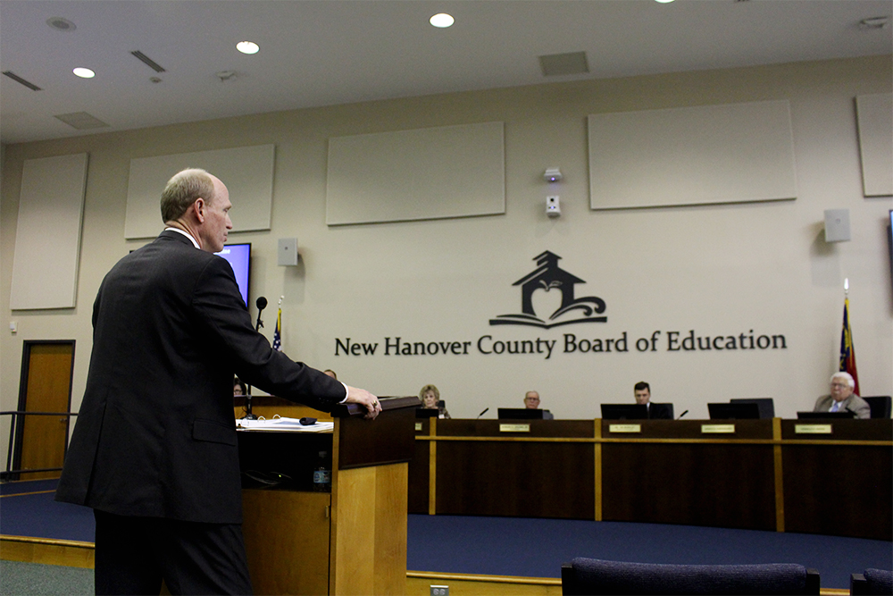 Eddie Anderson speaks before the New Hanover County Board of Education in February. (Port City Daily photo/Johanna Ferebee)