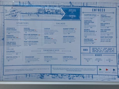 The menu at Marina Grill, on the Riverwalk in downtown Wilmington. Formerly BlackFinn Ameripub, the Marina Grill is now open to the public. (Port City Daily photo | BENJAMIN SCHACHTMAN)