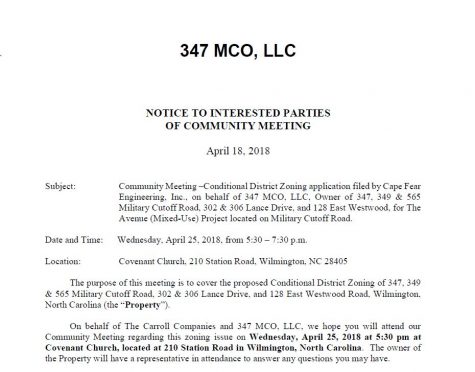 A community meeting for Wednesday evening, April 25, for the Avenue development on Military Cutoff Road. (Port City Daily photo | BENJAMIN SCHACHTMAN)