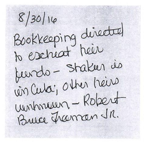A note on the back of an accounting worksheet included in the court record. Funds for Assata Shakur were ordered 'escheated,' or returned to the state because she was in Cuba. Shakur's lawyer Lennox Hinds then began the process of acquiring her money. (Port City Daily photo | SUPERIOR COURT OF NEW HANOVER COUNTY)
