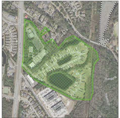 Because The Avenue - highlighted in green crosshatching - is nearly surrounded by Landfall to the east (right) on the site, it received poor marks for interconnectivity. (Port City Daily photo | Courtesy Wilmington Planning Department)