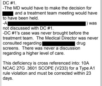 Redacted records from the North Carolina Department of Health and Human Services show numerous violations at New Hanover Treatment, including one that involved a patient's death. (Port City Daily photo | DEPARTMENT OF HEALTH AND HUMAN SERVICES)